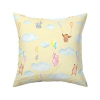 (L)Watercolour woodland animals with party balloons - light yellow