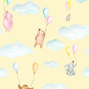 (L)Watercolour woodland animals with party balloons - light yellow