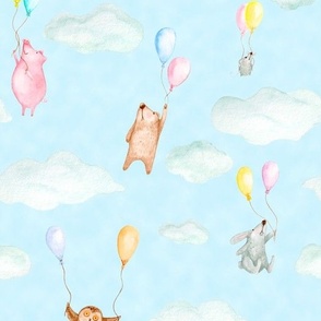(L)Watercolour woodland animals with party balloons - baby blue