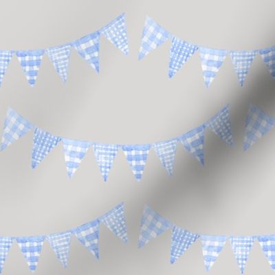 Watercolor, Hand Painted  Blue Gingham Banner on Light Grey, Boy's  Party, L
