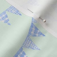 Watercolor, Hand Painted  Blue Gingham Banner on Light Green, Boy's  Party, L