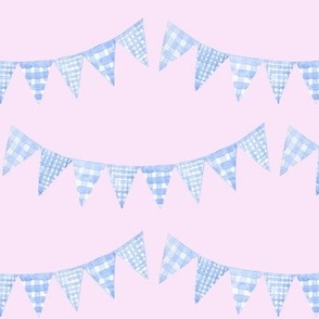 Watercolor, Hand Painted  Blue Gingham Banner on Light Pink, Boy's