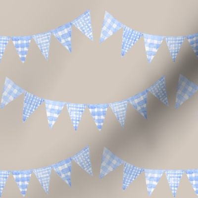 Watercolor, Hand Painted  Blue Gingham Banner on Light Taupe, Boy's  Party, L