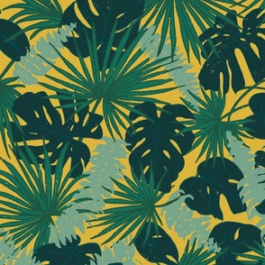 (L) Lost in the Jungle - Rainforest Leaves with Monstera, Palm and Ferns - Green and Mustard Yellow