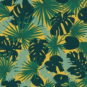 (M) Lost in the Jungle - Rainforest Leaves with Monstera, Palm and Ferns - Green and Mustard Yellow