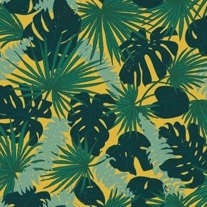 (S) Lost in the Jungle - Rainforest Leaves with Monstera, Palm and Ferns - Green and Mustard Yellow