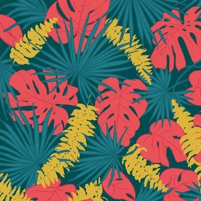 (L) Lost in the Jungle - Rainforest Leaves with Monstera, Palm and Ferns - Blue Coral and Mustard Yellow