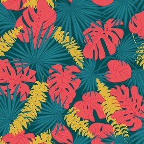 (M) Lost in the Jungle - Rainforest Leaves with Monstera, Palm and Ferns - Blue Coral and Mustard Yellow