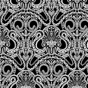folk octopus damask white on black for metallic wallpaper