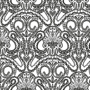 folk octopus damask  black on white for metallic wallpaper