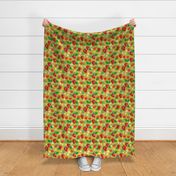 Summer Strawberries Chartreuse Small - hand-drawn, botanical, flowers, fruit, bright colors, cute, fun, bedding, wallpaper, clothing, kitchen decor, kids, children, feature wall, statement wall, home decor, garden designs, green, red