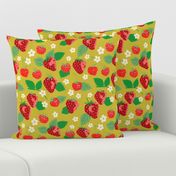 Summer Strawberries Chartreuse Small - hand-drawn, botanical, flowers, fruit, bright colors, cute, fun, bedding, wallpaper, clothing, kitchen decor, kids, children, feature wall, statement wall, home decor, garden designs, green, red