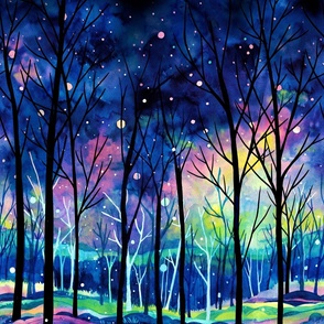 Enchanted Nightfall Wood with mystical lights, watercolor handpainted - 1 yard high