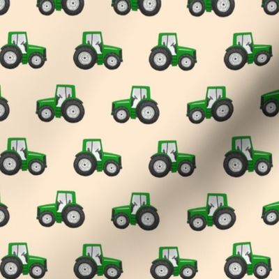 Rows of Green Tractors on almond - small scale