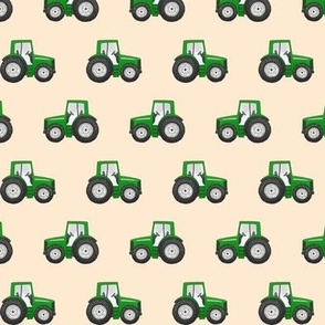 Rows of Green Tractors on almond - small scale