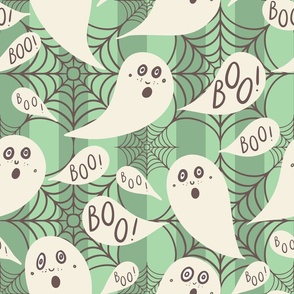 Whimsigothic-ghosts-with-boo-speech-bubbles-on-kitschy-mint-green-vertial-stripes-with-cobwebs-XL-jumbo