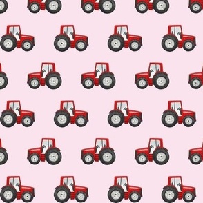 Rows of Red Tractors on cherry blossom - small scale