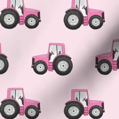 Rows of Pink Tractors on cherry blossom - medium scale