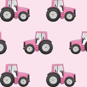 Rows of Pink Tractors on cherry blossom - medium scale