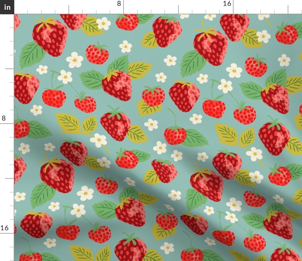 Summer Strawberries Blue Skies Small - hand-drawn, botanical, flowers, fruit, bright colors, cute, fun, bedding, clothing, kitchen decor, kids, children, home decor, garden designs, green, red