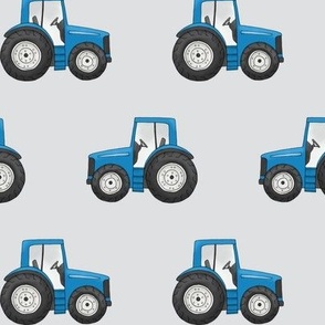 Rows of Blue Tractors on mist, pale grey - medium scale