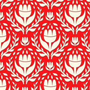 White bold floral on a red background