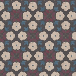 contemporary scandi - japandi style  abstract flowers in neutrals - grey-brown, beige, blue, on linen texture (s)