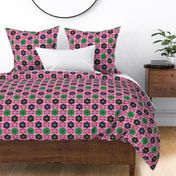 contemporary hippy scandi  70s' abstract flowers with leaves, pink and green, black  linen texture (s)