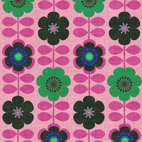 contemporary hippy scandi  70s' abstract flowers with leaves, pink and green, black  linen texture (s)