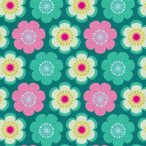 Happy 70s Scandi flowers. pink and green, soft linen textured (S)