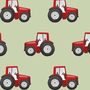 Rows of Red Tractors on sage green - medium scale