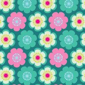 Happy 70s scandi flowers. pink and green, yellow (No texture) (S)