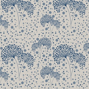 Dandelion Dots Moonlkight Deep Blue on Cotton Grey Beige, Medium