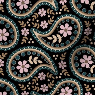 (LG) Paisley Black Gold Pink Teal