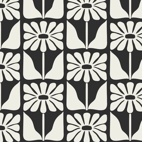 Retro Black and White Mid Century Modern Style Flower Wallpaper Tricorn Black on White Dove