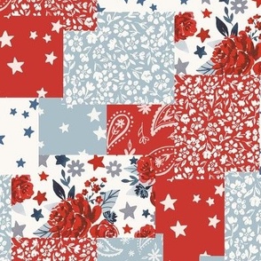 Patriotic Patchwork Floral Red White Blue Summer 4th of July