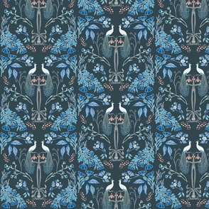 Art Nouveau Maximalist Peacocks with Floral Botanicals in Navy, Pink, Blue // Large // Symmetrical