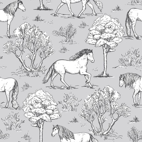 horses wallpaper, horse toile de jouy large scale WB24 gray