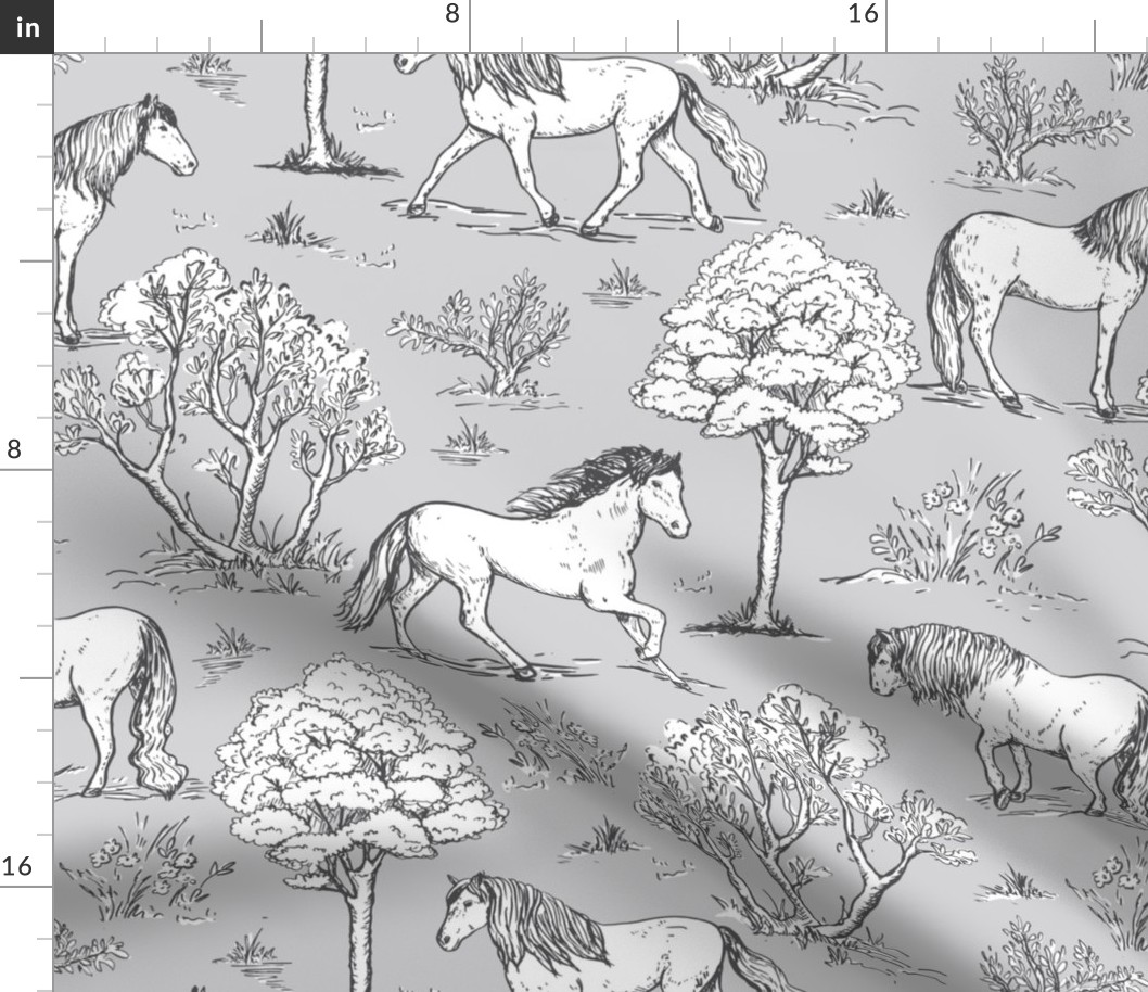 horses wallpaper, horse toile de jouy large scale WB24 gray