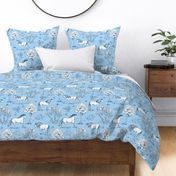 horses wallpaper, horse toile de jouy large scale WB24 light blue