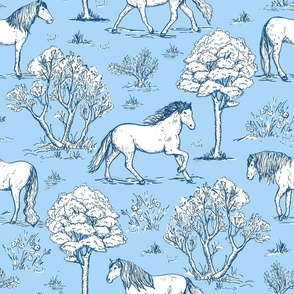 horses wallpaper, horse toile de jouy large scale WB24 light blue