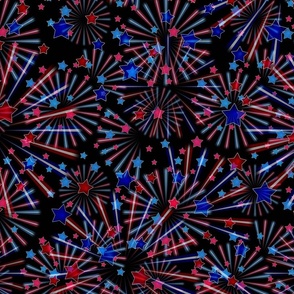 Fireworks. Festive pattern with red, blue stars on a black background.