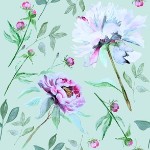Large Peony Mint Green Pink / White Flowers / Watercolor Wallpaper