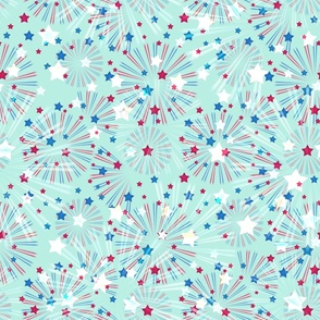 Fireworks. Festive pattern with pink, blue stars on a light turquoise background.