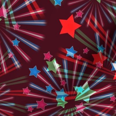 Fireworks. Festive pattern with red, blue, green stars on a burgundy background.