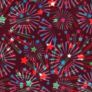 Fireworks. Festive pattern with red, blue, green stars on a burgundy background.