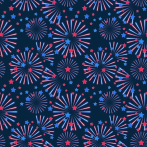 Fireworks. Festive pattern with red, blue stars on a dark blue background.