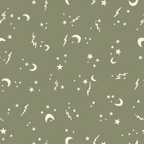 Halloween night – mystique and wonder design with lightning, moons and stars in sage green - medium scale