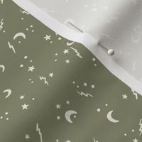 Halloween night – mystique and wonder design with lightning, moons and stars in sage green - small scale