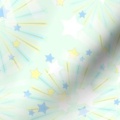 Fireworks. Festive pattern with yellow, blue, white stars on a light green background.
